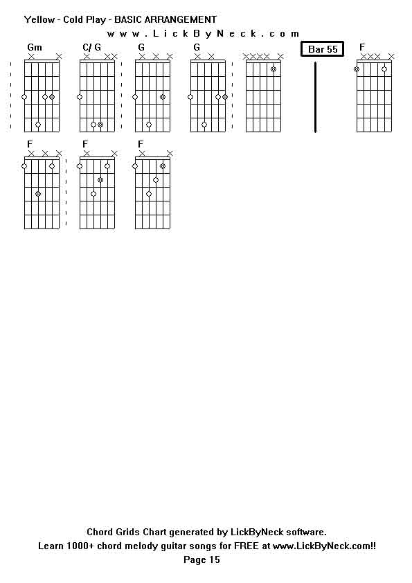 Chord Grids Chart of chord melody fingerstyle guitar song-Yellow - Cold Play - BASIC ARRANGEMENT,generated by LickByNeck software.